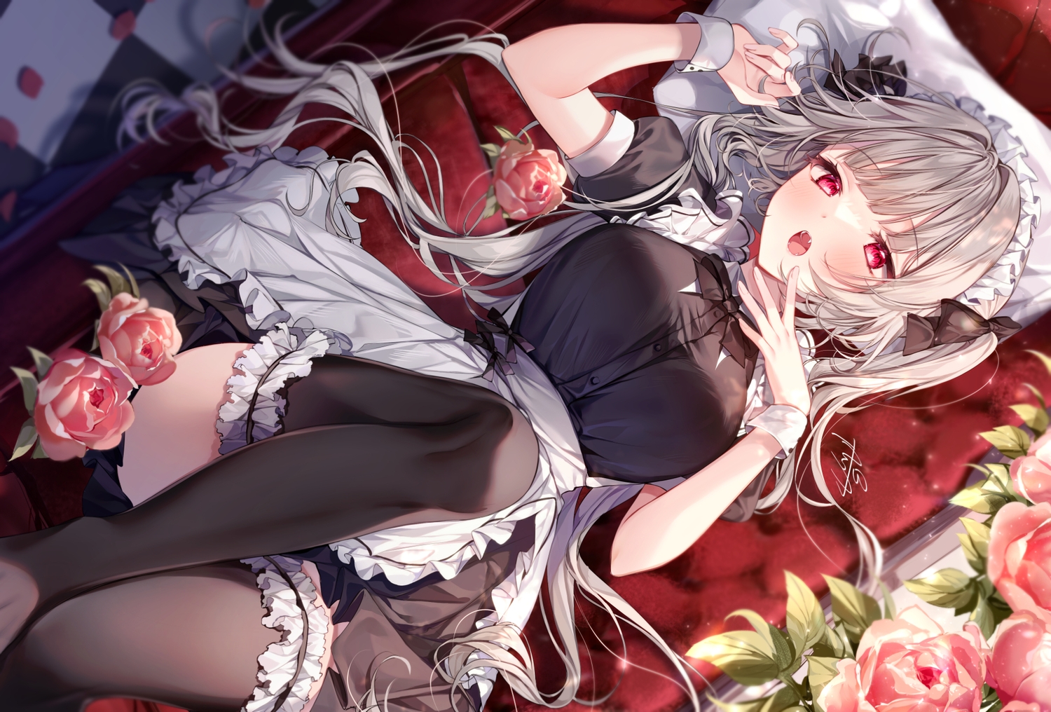 apron, blush, bow, couch, fang, flowers, gray_hair, headdress