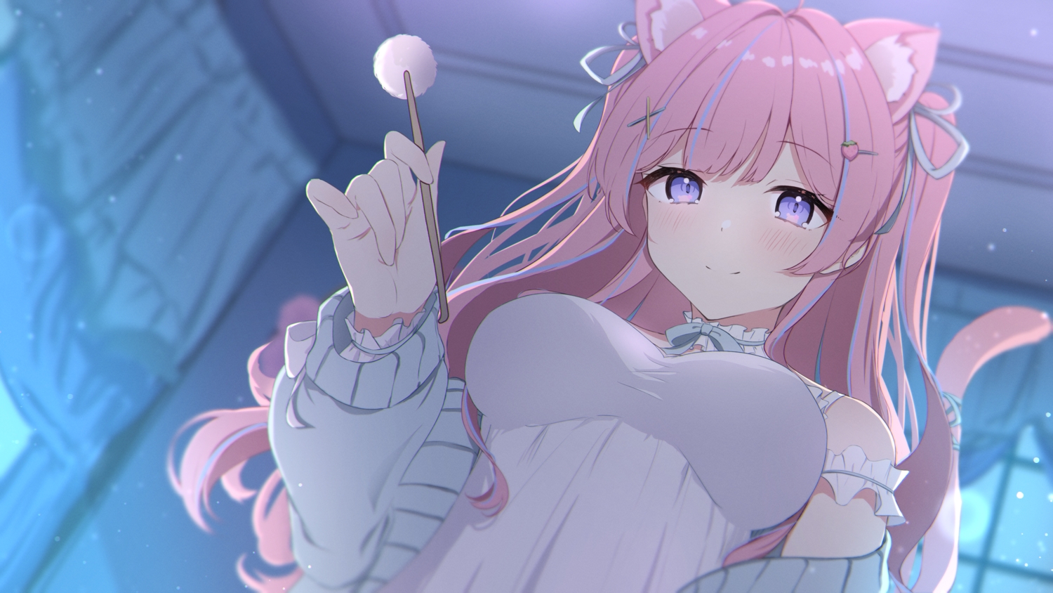 animal_ears, azure_(sor_azr), blush, bow, catgirl, close, long_hair, pink_hair, purple_eyes, tail