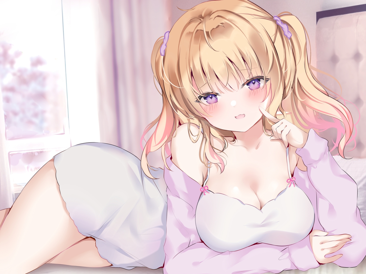 bed, blonde_hair, blush, breast_hold, breasts, cleavage, long_hair, original, pon_(ponidrop), purple_eyes, twintails