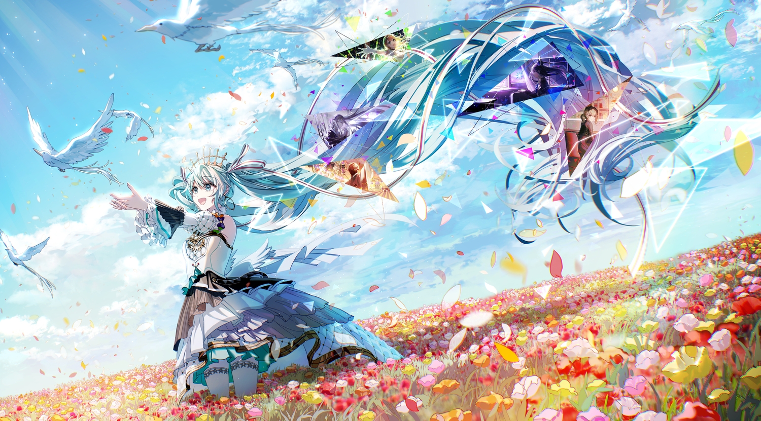 animal, azusawa_kohane, bird, clouds, crown, dress, flowers, hanasato_minori, hatsune_miku, hoshino_ichika, kika, long_hair, petals, project_sekai, ribbons, sky, tenma_tsukasa, twintails, vocaloid, yoisaki_kanade