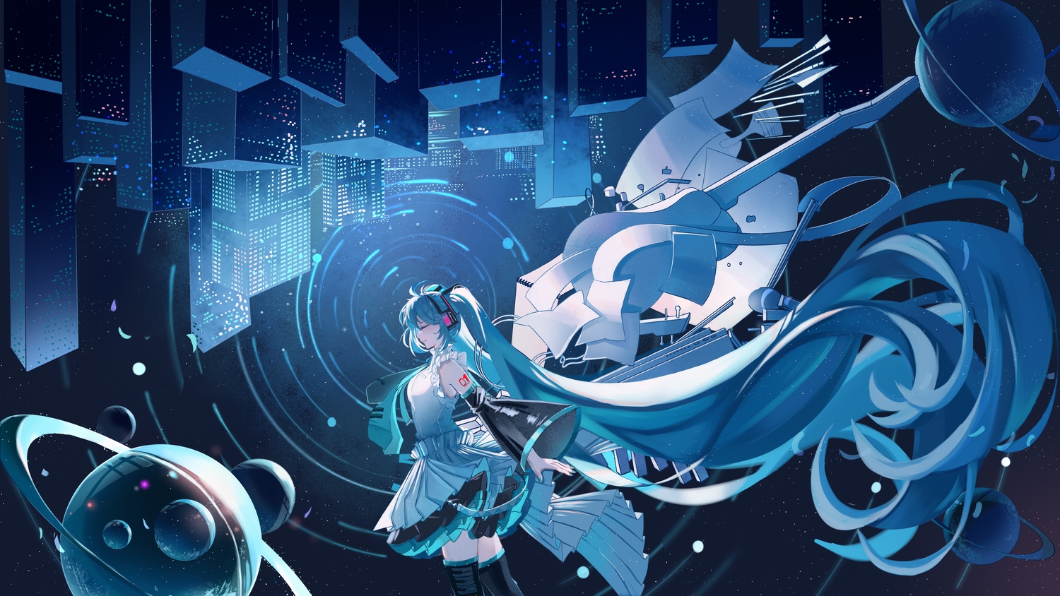 aqua_hair, bg5120, blue, building, city, dress, guitar, hatsune_miku, instrument, long_hair, paper, planet, stars, tie, twintails, vocaloid, wings