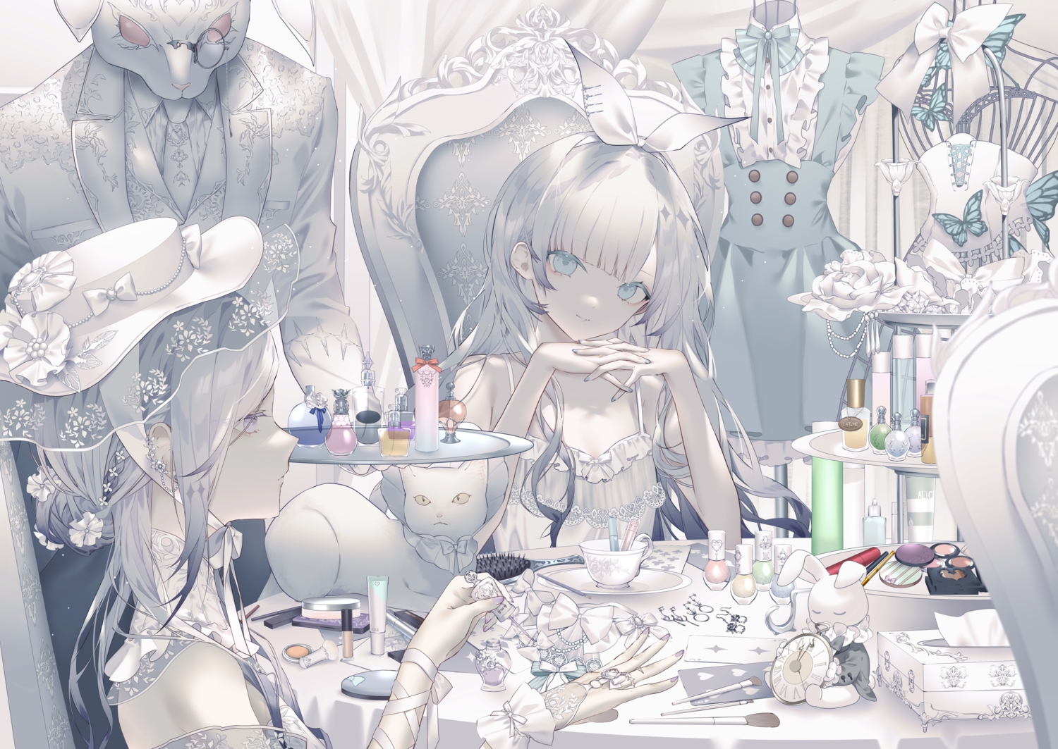 2girls, animal, blue_eyes, bow, bunny, cat, dress, flat_chest