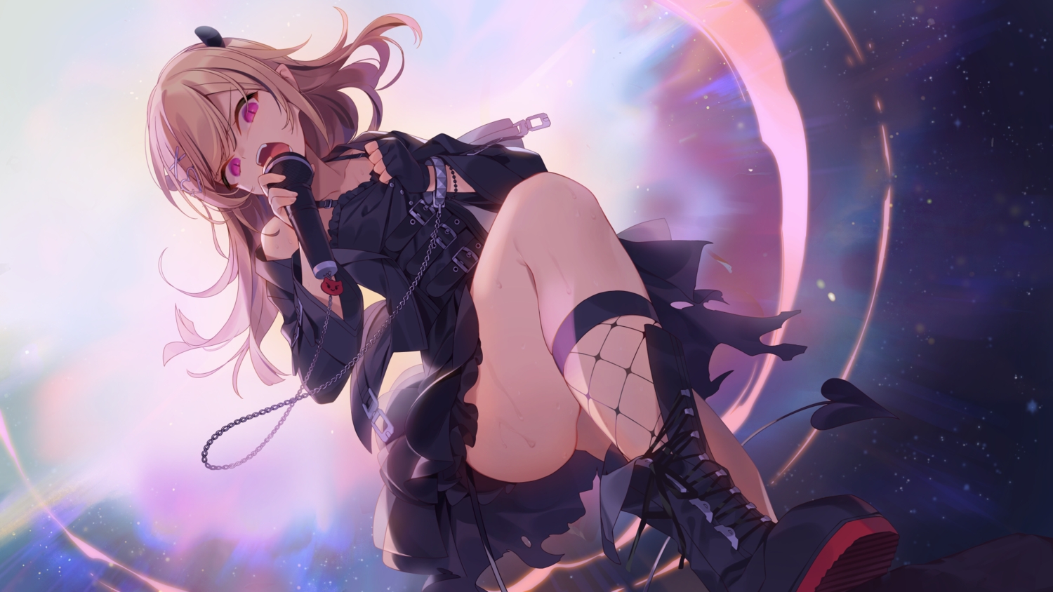 blonde_hair, boots, chain, dress, eblis_choki, fang, flat_chest, gloves