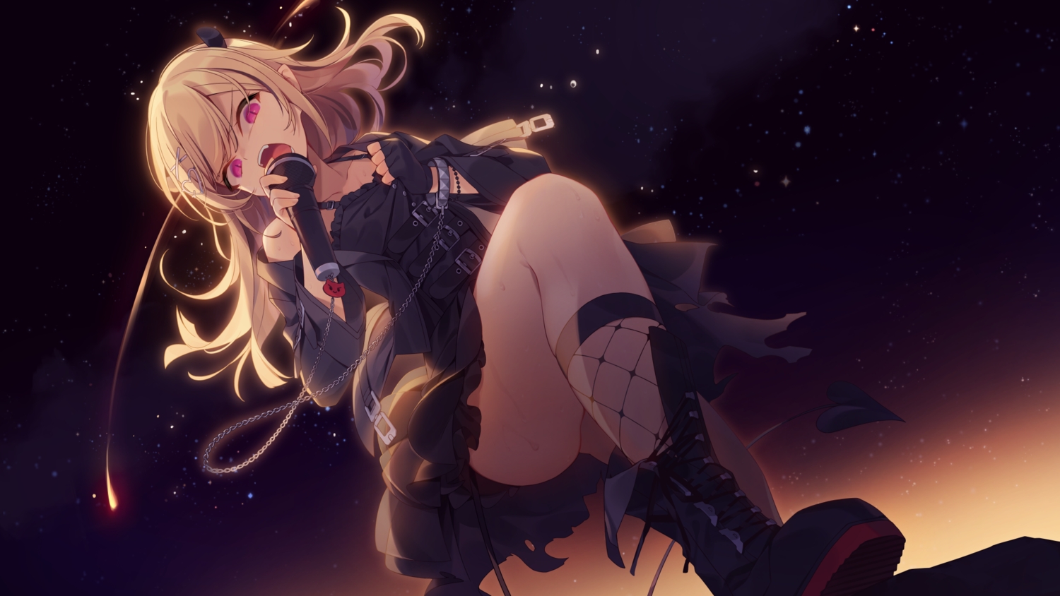 blonde_hair, boots, chain, dress, eblis_choki, fang, flat_chest, gloves, gothic, kneehighs, long_hair, microphone, pointed_ears, purple_eyes, sankyaku_tako, sky, stars, sunset, tail, upskirt, vrecord, wristwear