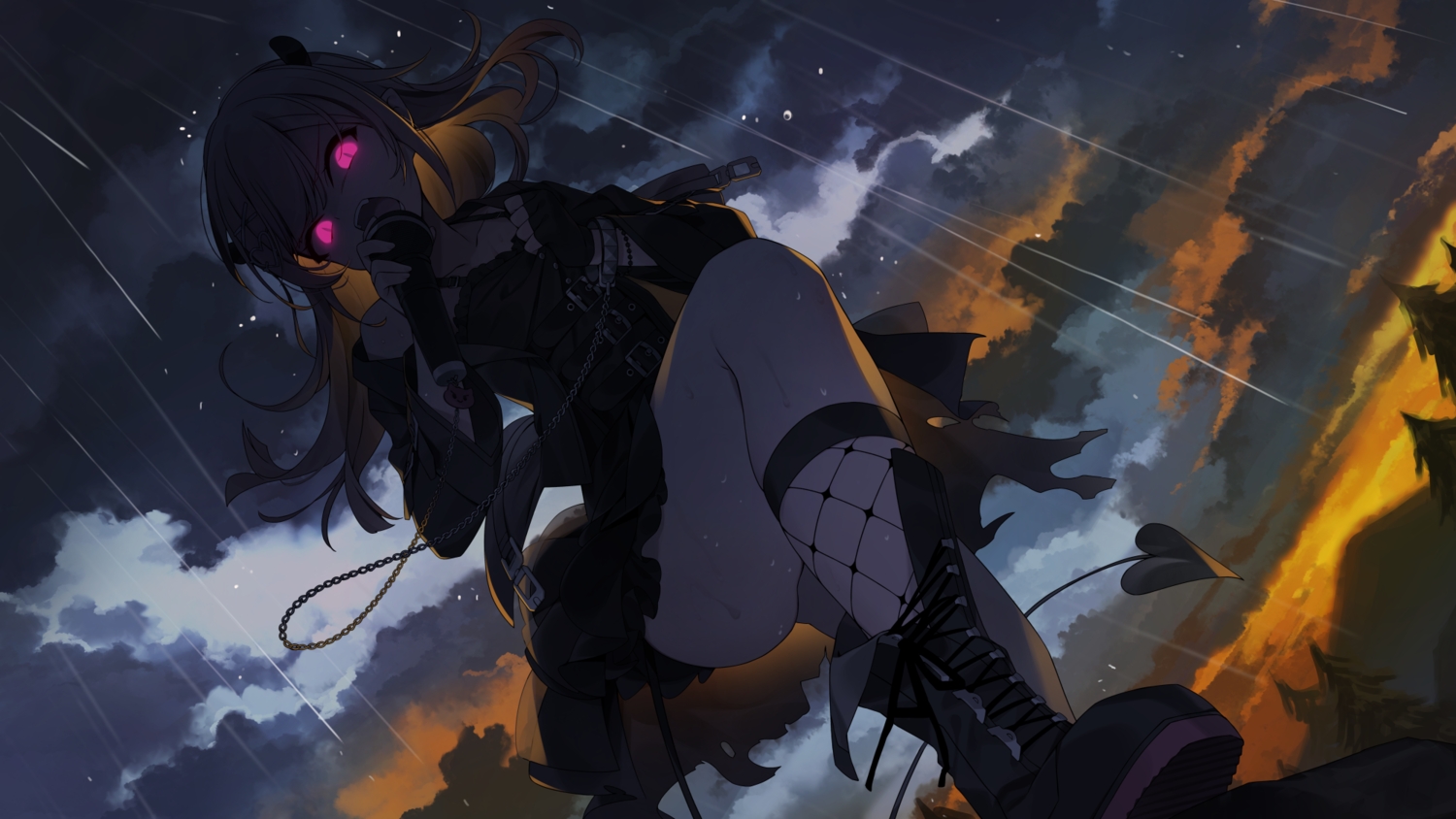blonde_hair, boots, chain, clouds, dark, dress, eblis_choki, fang, flat_chest, gloves, gothic, kneehighs, long_hair, microphone, pointed_ears, purple_eyes, rain, sankyaku_tako, sky, tail, tree, upskirt, vrecord, water, wristwear