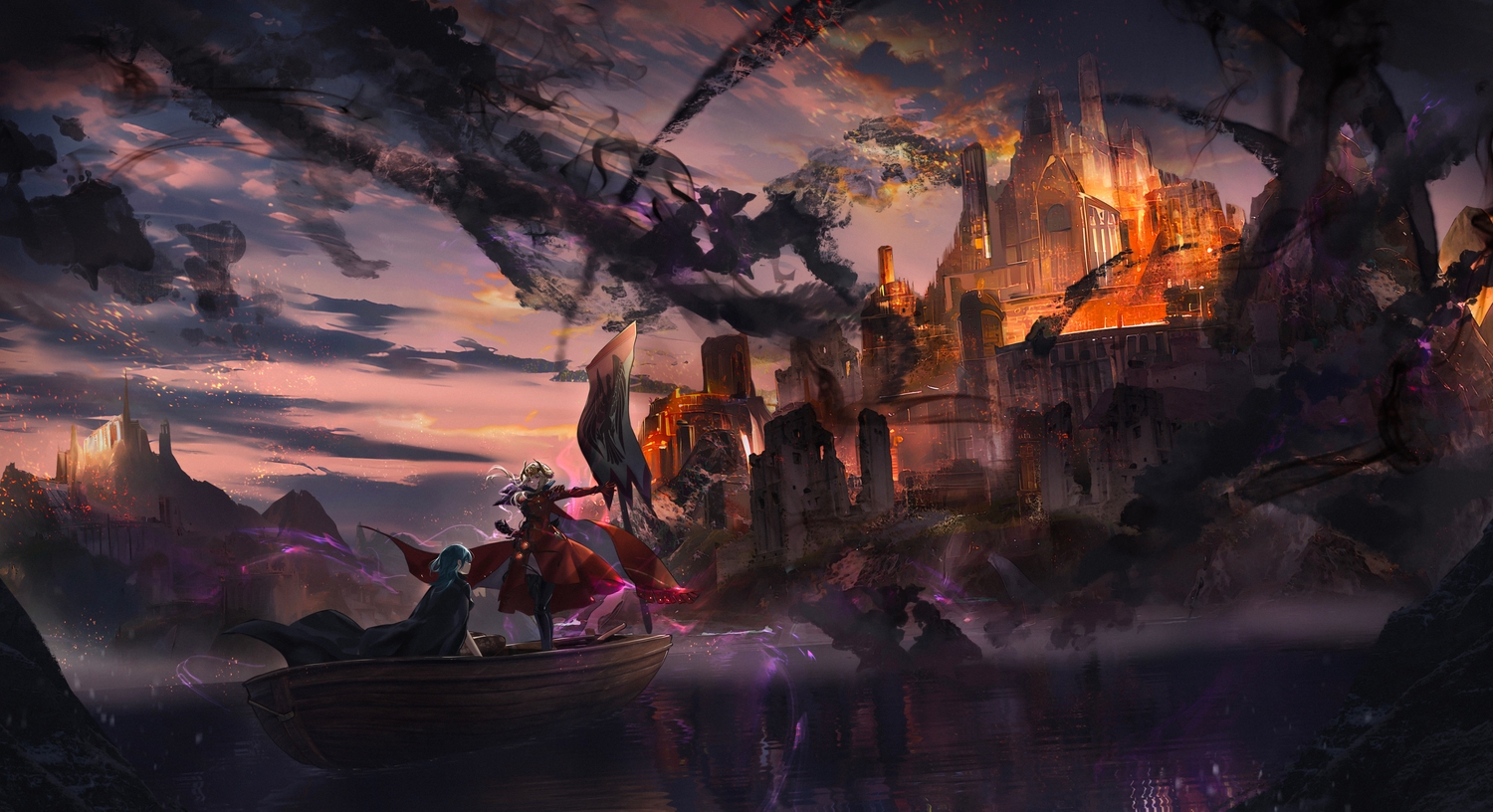 2girls, aqua_eyes, aqua_hair, boat, boots, building, byleth_(female), cape