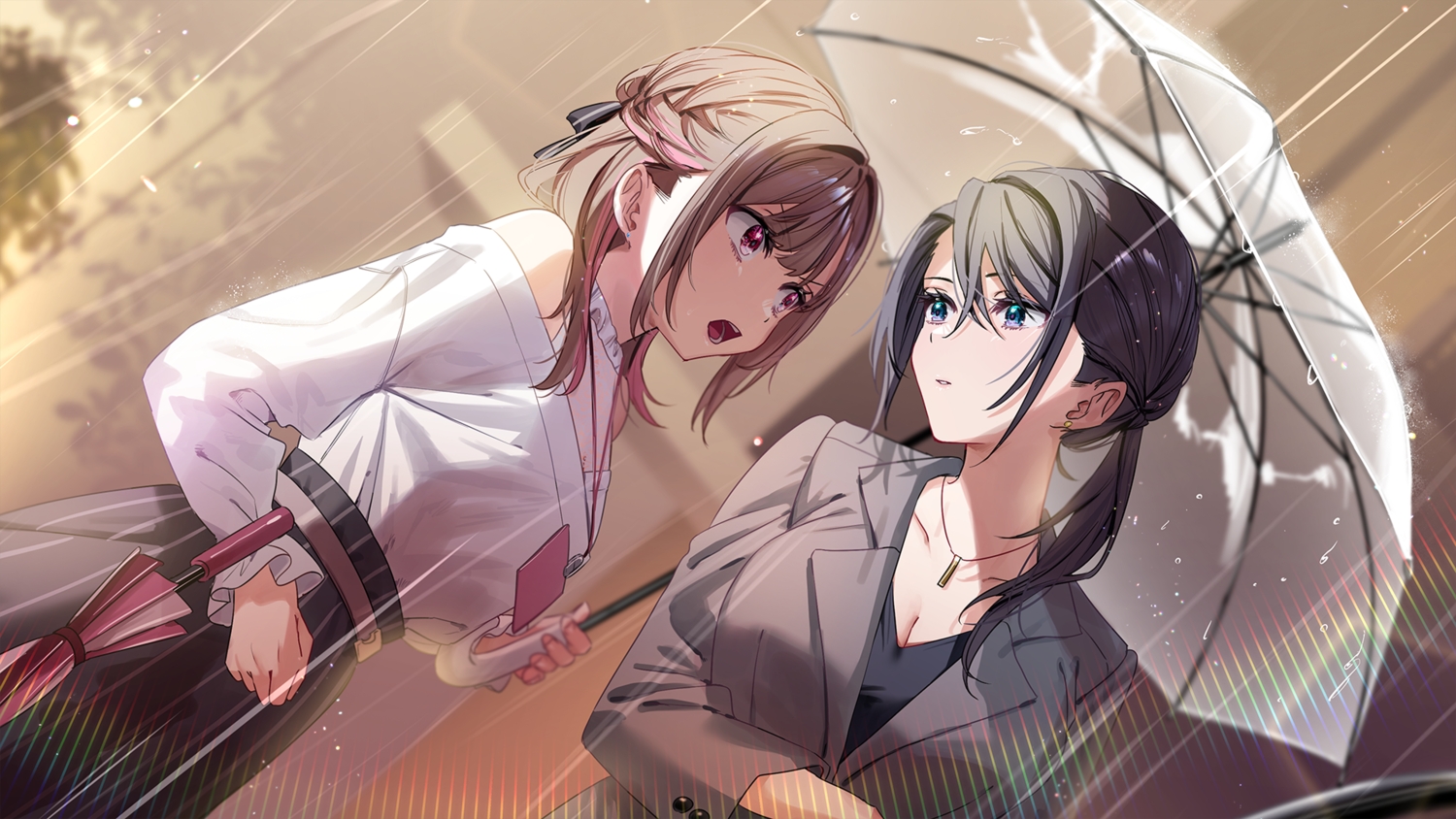 2girls, aqua_eyes, black_hair, brown_hair, chigusa_minori, kiyotsu_chizu, lip_trip, long_hair