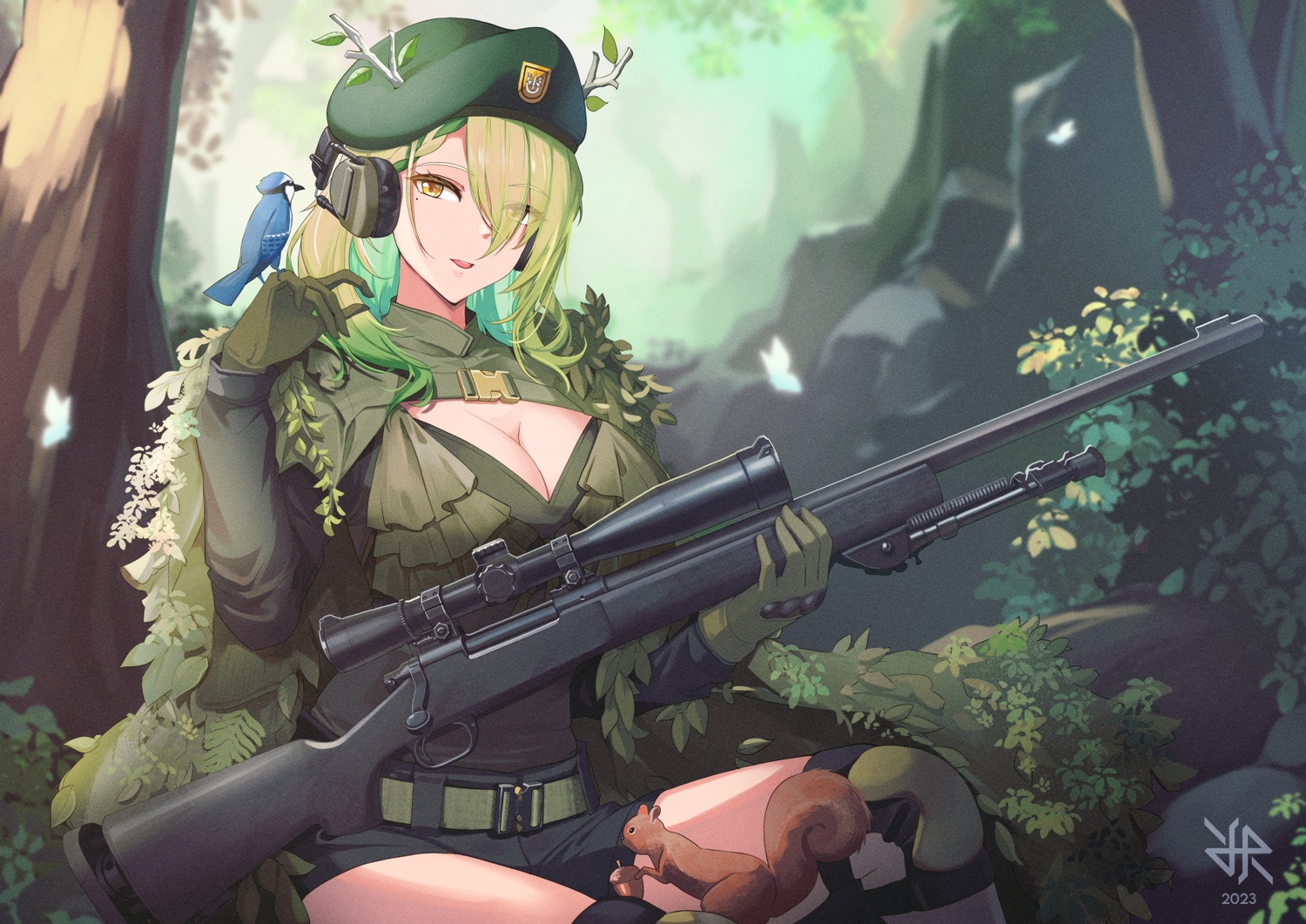 animal, bird, braids, breasts, butterfly, ceres_fauna, cleavage, forest