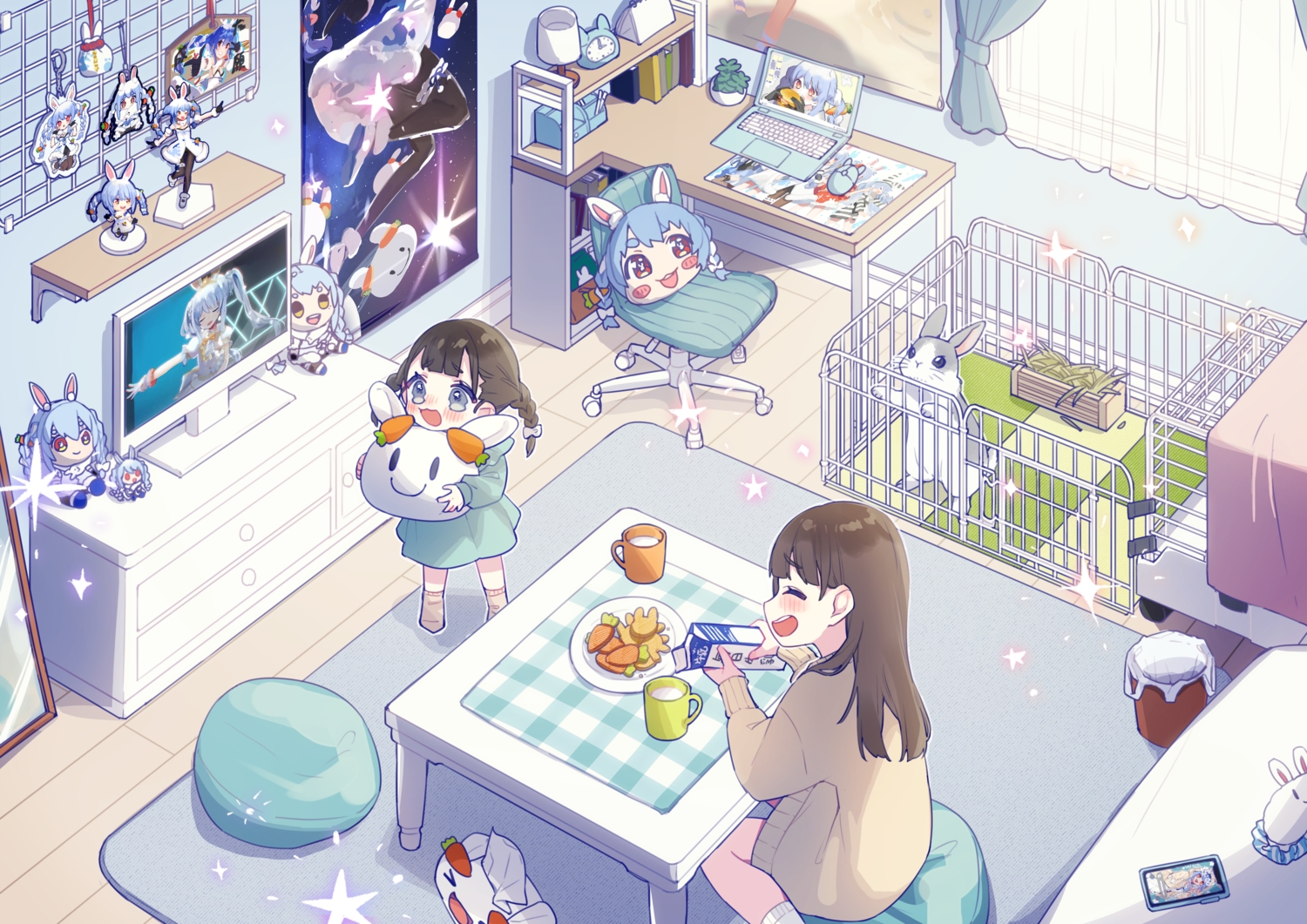 2girls, animal, black_hair, blush, braids, cat_smile, chiyomaru_(yumichiyo0606), computer