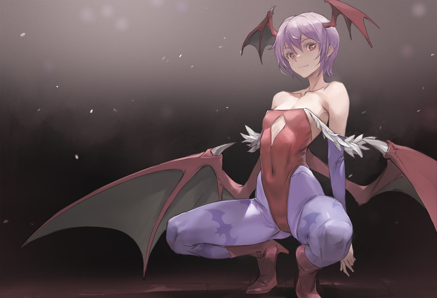 akira_(coffee_curry), boots, darkstalkers, demon, flat_chest, gradient, leotard, lilith_aensland, pantyhose, purple_hair, red_eyes, short_hair, sketch, spread_legs, succubus, wings
