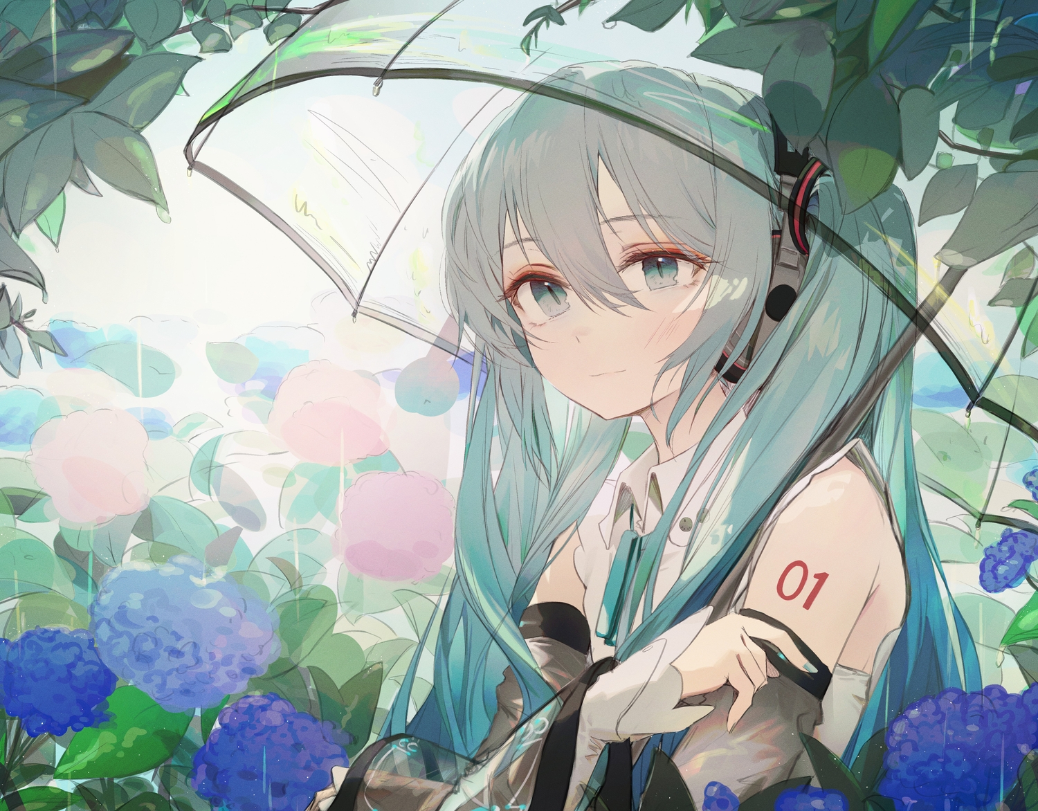 aqua_eyes, aqua_hair, flowers, hatsune_miku, headphones, leaves, long_hair, mihoranran, rain, sketch, tattoo, twintails, umbrella, vocaloid, water