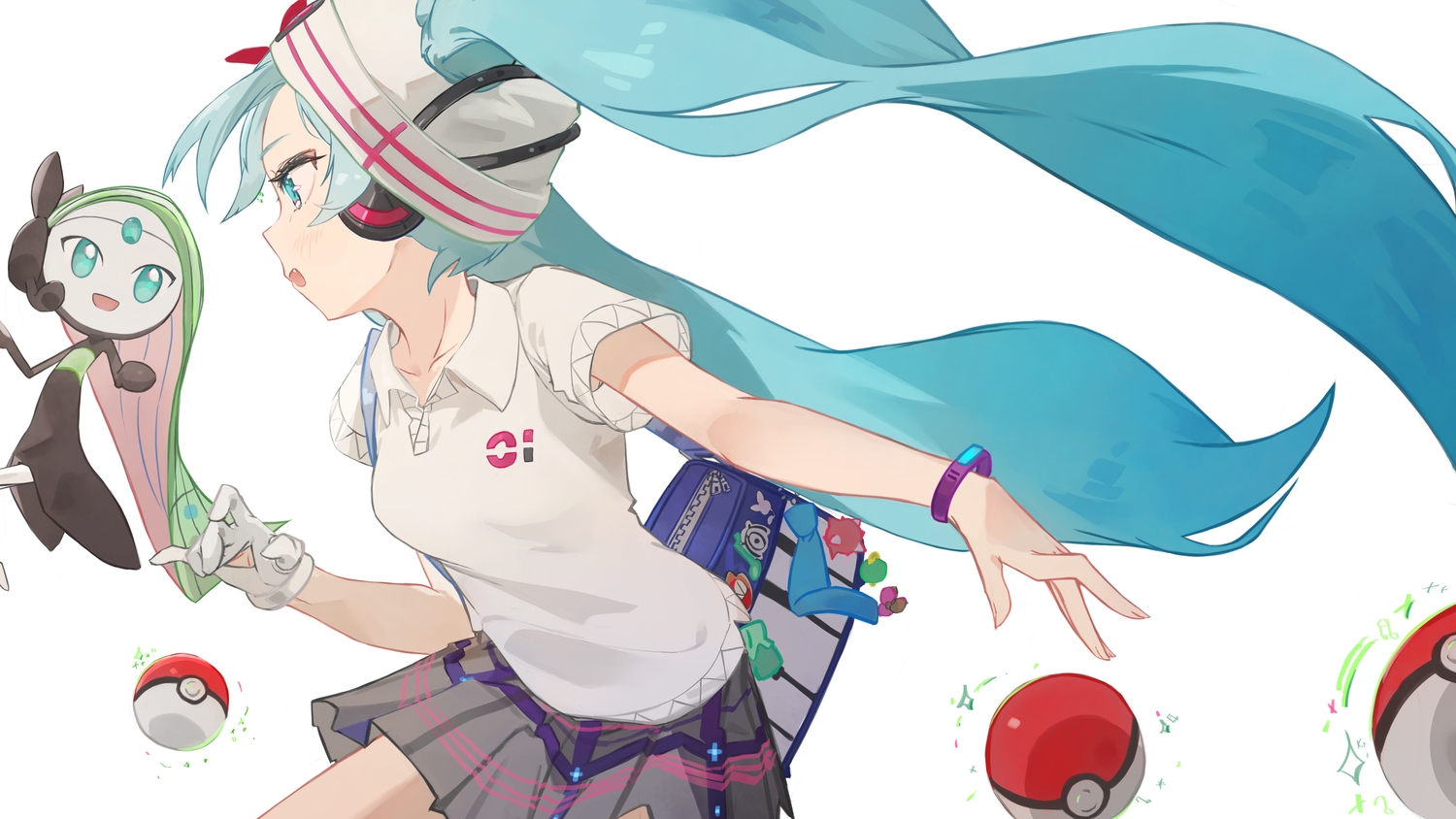 aqua_eyes, aqua_hair, gloves, hat, hatsune_miku, headphones, long_hair, meloetta, mihoranran, pokemon, project_voltage, psychic_miku_(project_voltage), shirt, skirt, twintails, vocaloid, white, wristwear