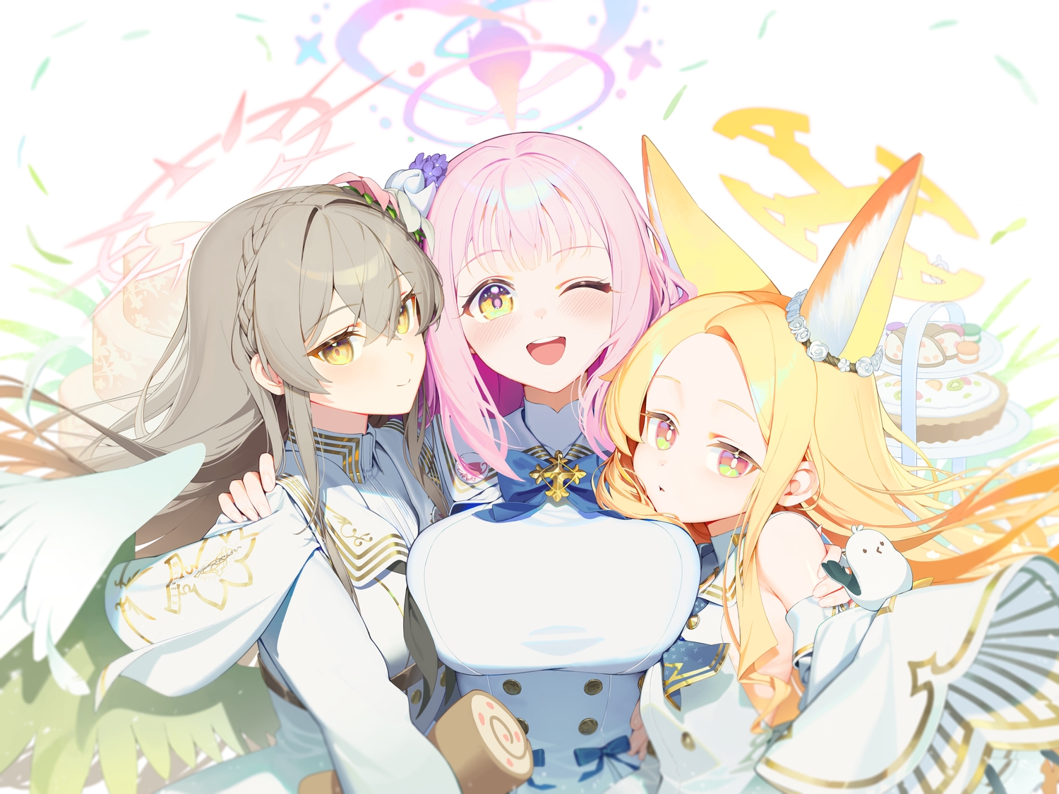 animal, animal_ears, bird, blonde_hair, blue_archive, blush, bow, braids