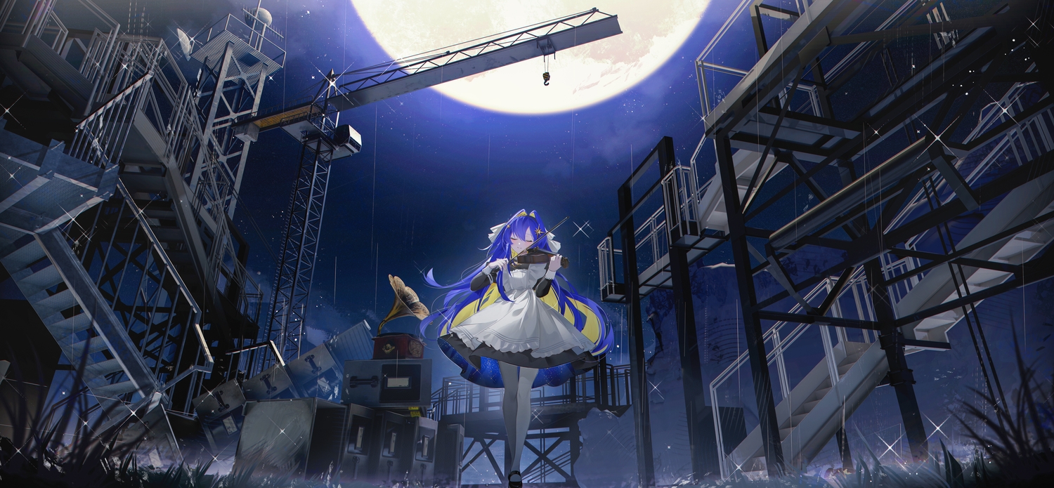 3d, apron, blue_hair, blush, dress, grass, industrial, instrument