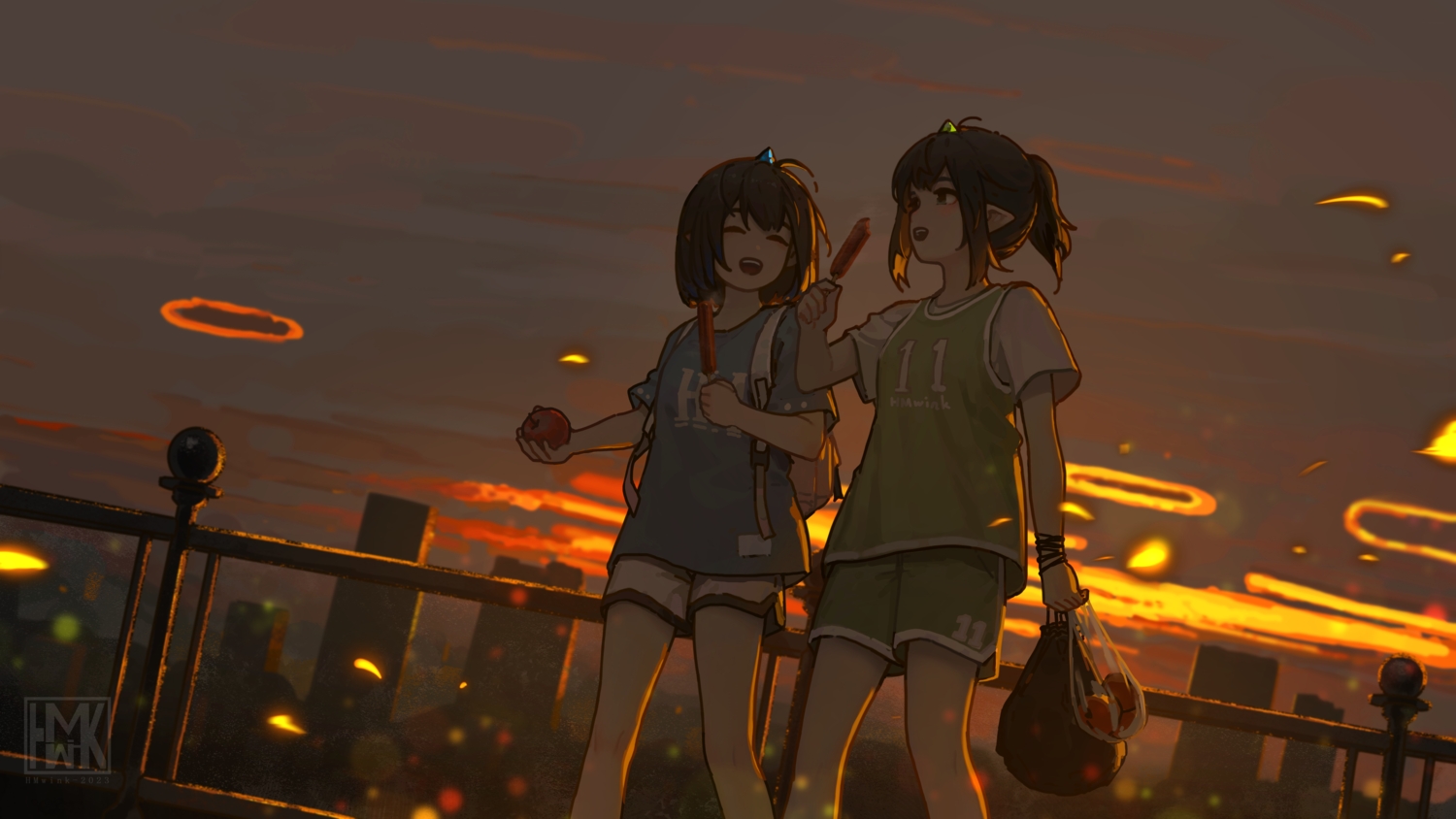 2girls, apple, building, city, clouds, dark, food, fruit