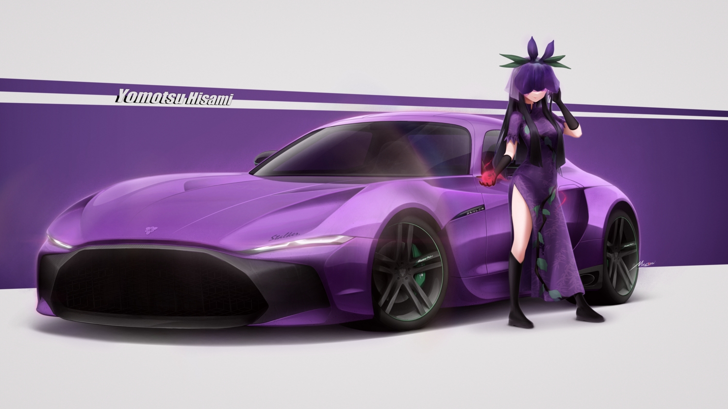 black_hair, boots, car, chinese_clothes, chinese_dress, dress, elbow_gloves, gloves, headdress, long_hair, magic, mucsmi, purple_eyes, touhou, yomotsu_hisami