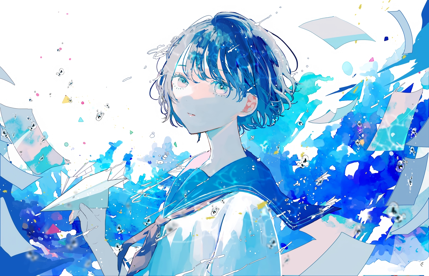 close, hagimorijia, original, paper, polychromatic, school_uniform, short_hair, water