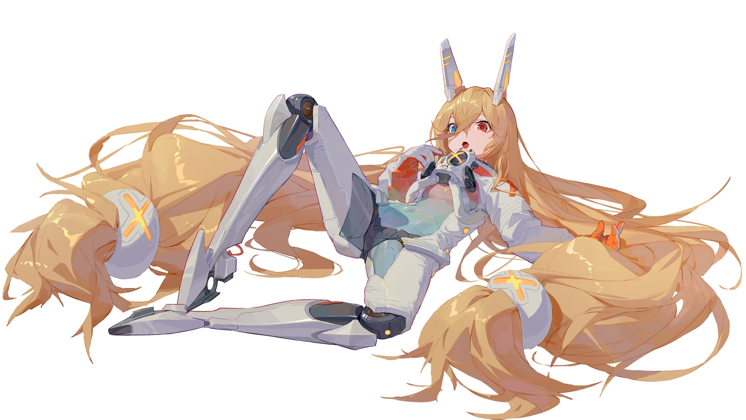 aliasing, anthropomorphism, bicolored_eyes, blonde_hair, blush, bodysuit, g41_(girls_frontline), girls_frontline