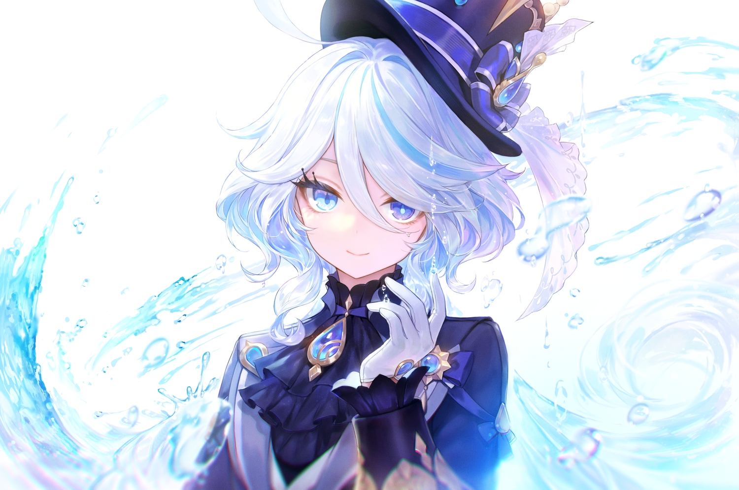 adelie_cat, bicolored_eyes, blue_eyes, bow, close, furina_(genshin_impact), genshin_impact, gloves