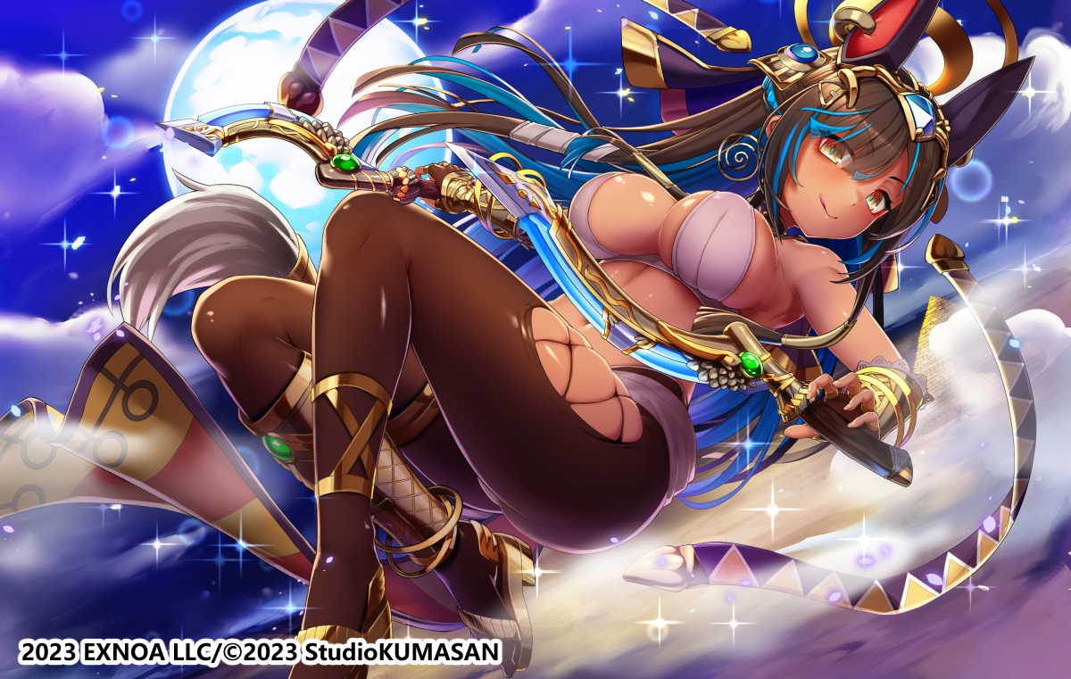 almotahel_(twinkle_star_knights), animal_ears, breasts, brown_eyes, brown_hair, cleavage, clouds, dark_skin