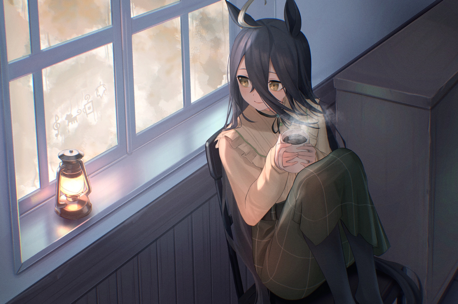 animal_ears, anthropomorphism, black_hair, blush, book, bow, brown_eyes, drink, katuko_deluxe, long_hair, manhattan_cafe_(umamusume), pantyhose, ribbons, shirt, skirt, uma_musume:_pretty_derby