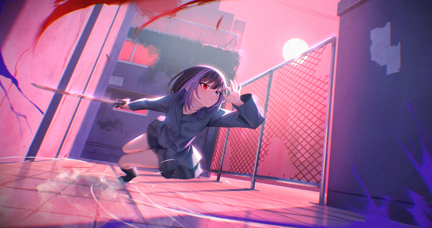 bicolored_eyes, black_hair, blood, boots, building, katuko_deluxe, moon, night