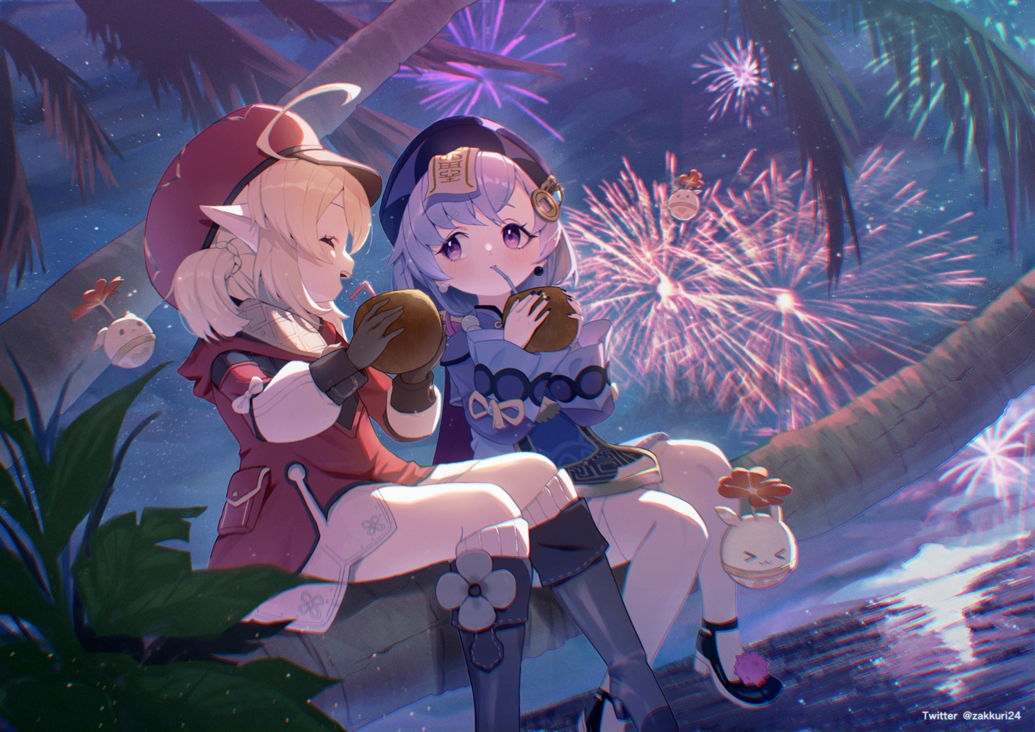 2girls, blonde_hair, blush, boots, chinese_clothes, dress, drink, fireworks, food, fruit, genshin_impact, gloves, hat, klee_(genshin_impact), loli, night, ofuda, pointed_ears, purple_eyes, purple_hair, qiqi_(genshin_impact), short_hair, sky, stars, thighhighs, tree, water, zakkuri