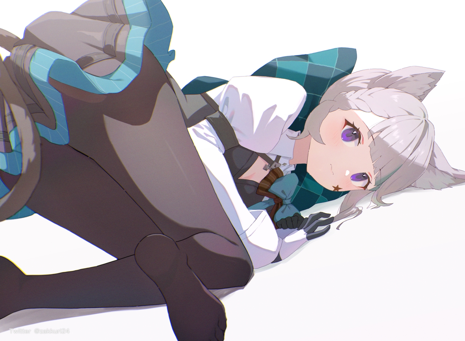 animal_ears, blush, bow, braids, breasts, catgirl, cleavage, dress, genshin_impact, gloves, gray_hair, lynette_(genshin_impact), pantyhose, purple_eyes, shirt, tail, watermark, white, zakkuri