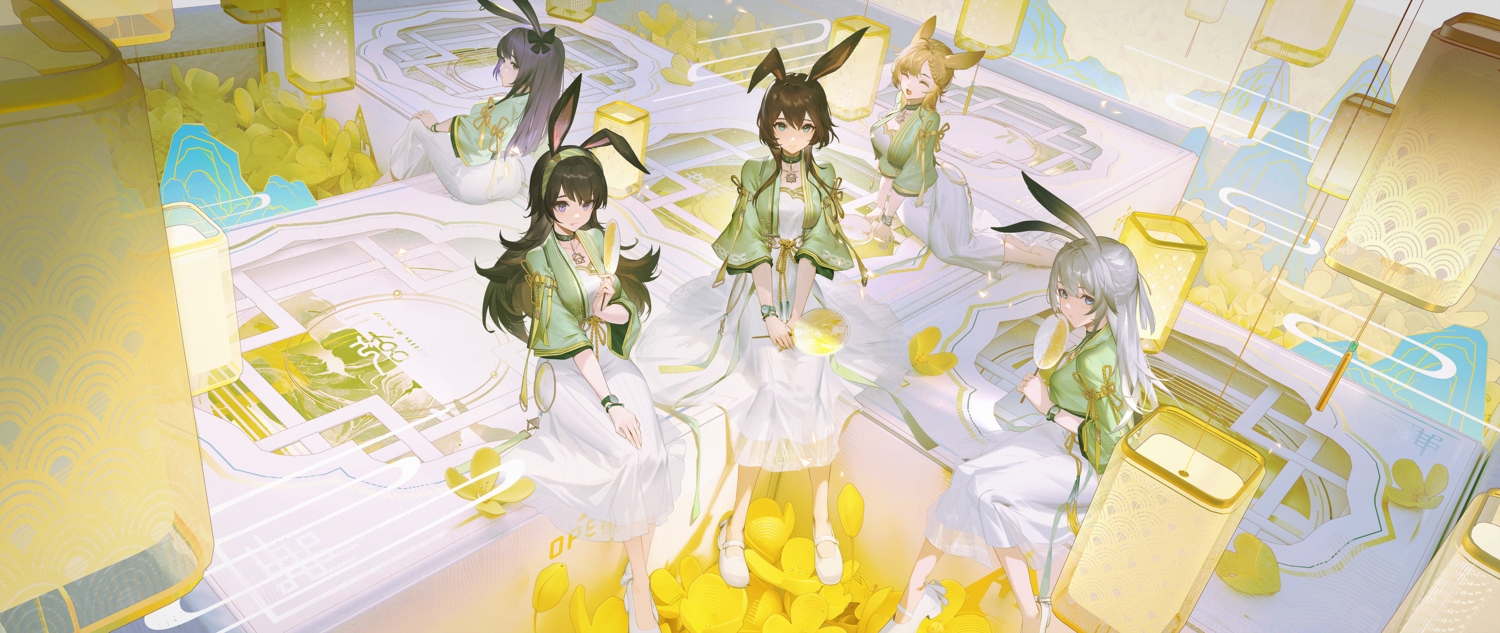 amiya_(arknights), animal_ears, april_(arknights), aqua_eyes, arknights, black_hair, blonde_hair, blue_eyes