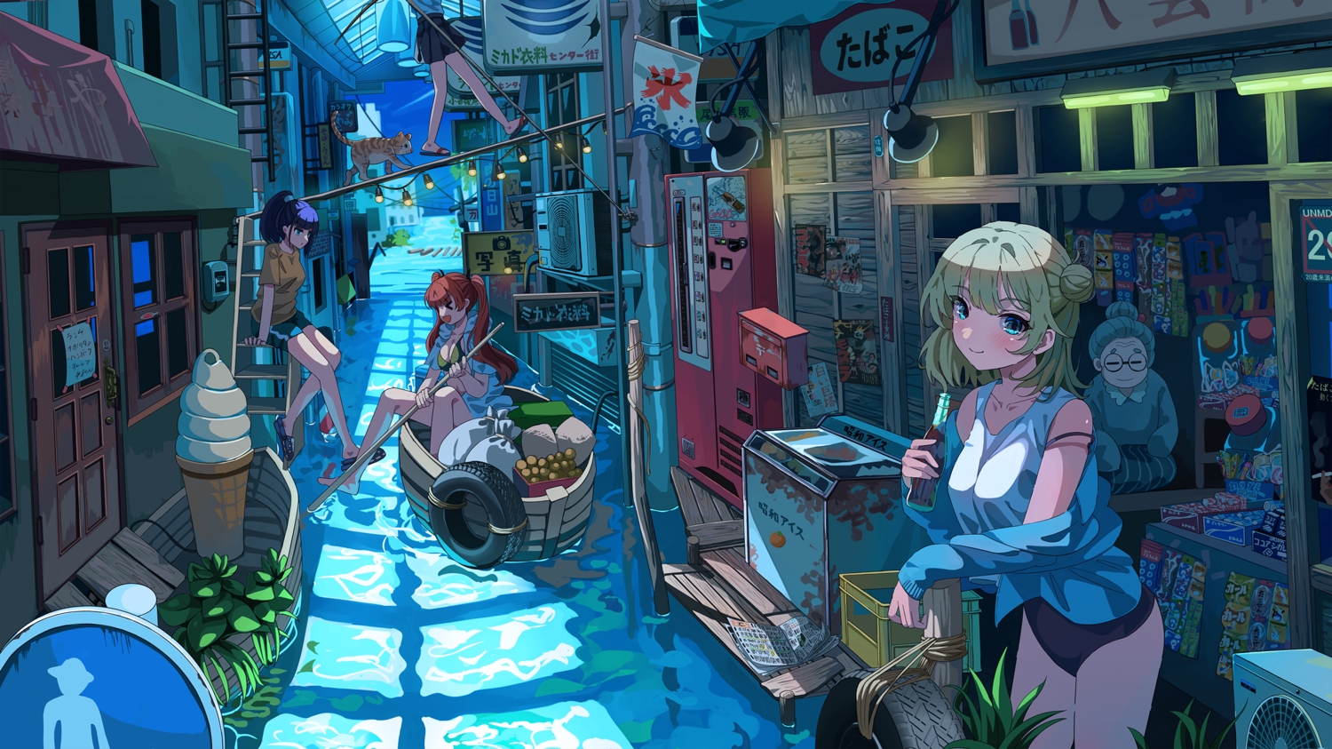 animal, aqua_eyes, barefoot, bikini_top, black_hair, blonde_hair, blush, boat