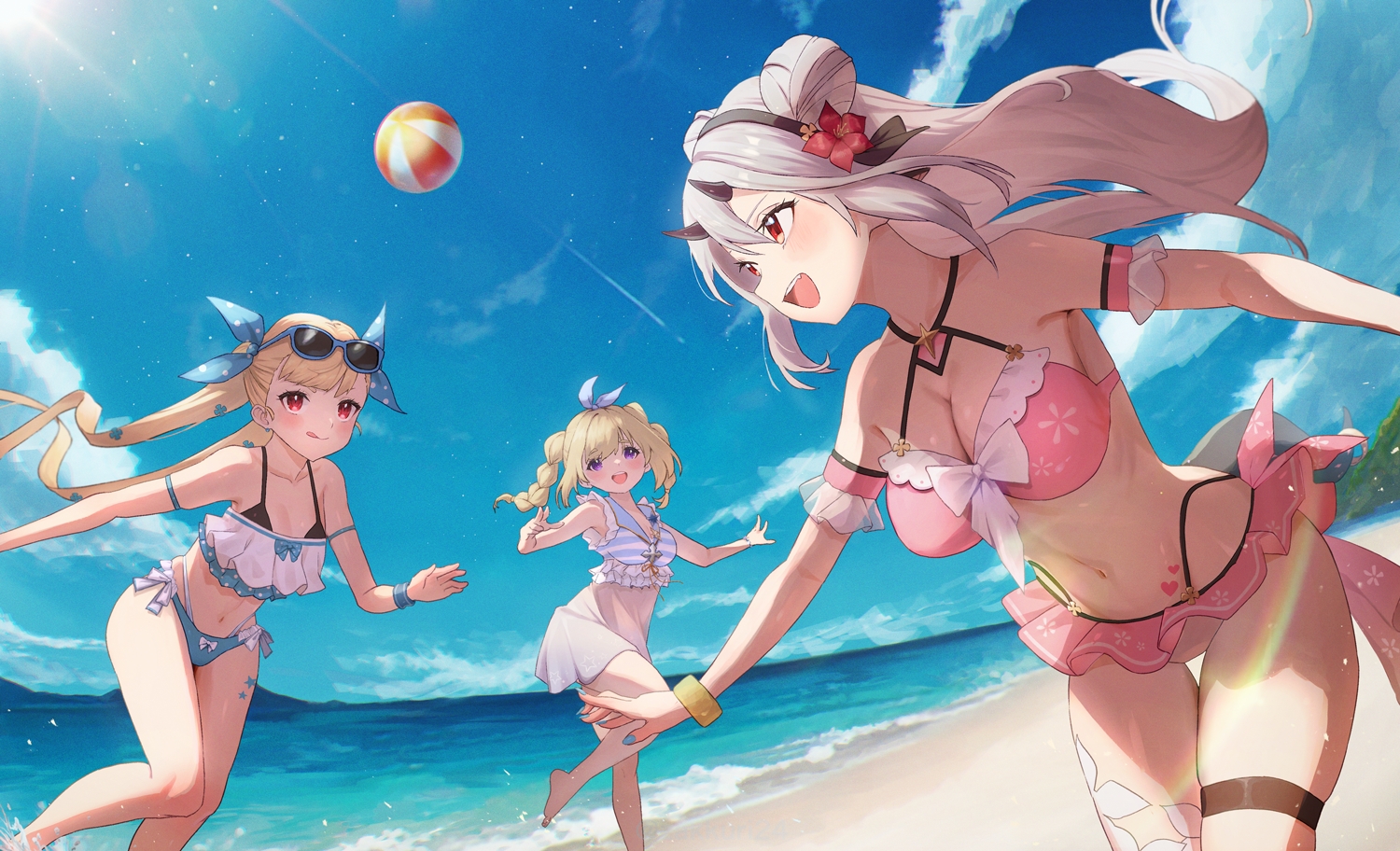 achates_ururuda, ball, barefoot, beach, bikini, blonde_hair, blush, bow, breasts, cleavage, clouds, dress, epic7, garter, gray_hair, headband, horns, long_hair, montmorancy_(epic7), navel, purple_eyes, red_eyes, see_through, skirt, sky, summer_dress, sunglasses, swimsuit, tail, tattoo, twintails, water, wristwear, yufine_(epic7), zakkuri