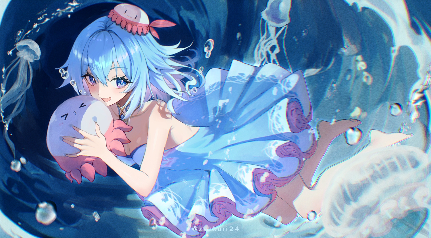 aqua_hair, barefoot, blue_eyes, breasts, bubbles, choker, cleavage, dress