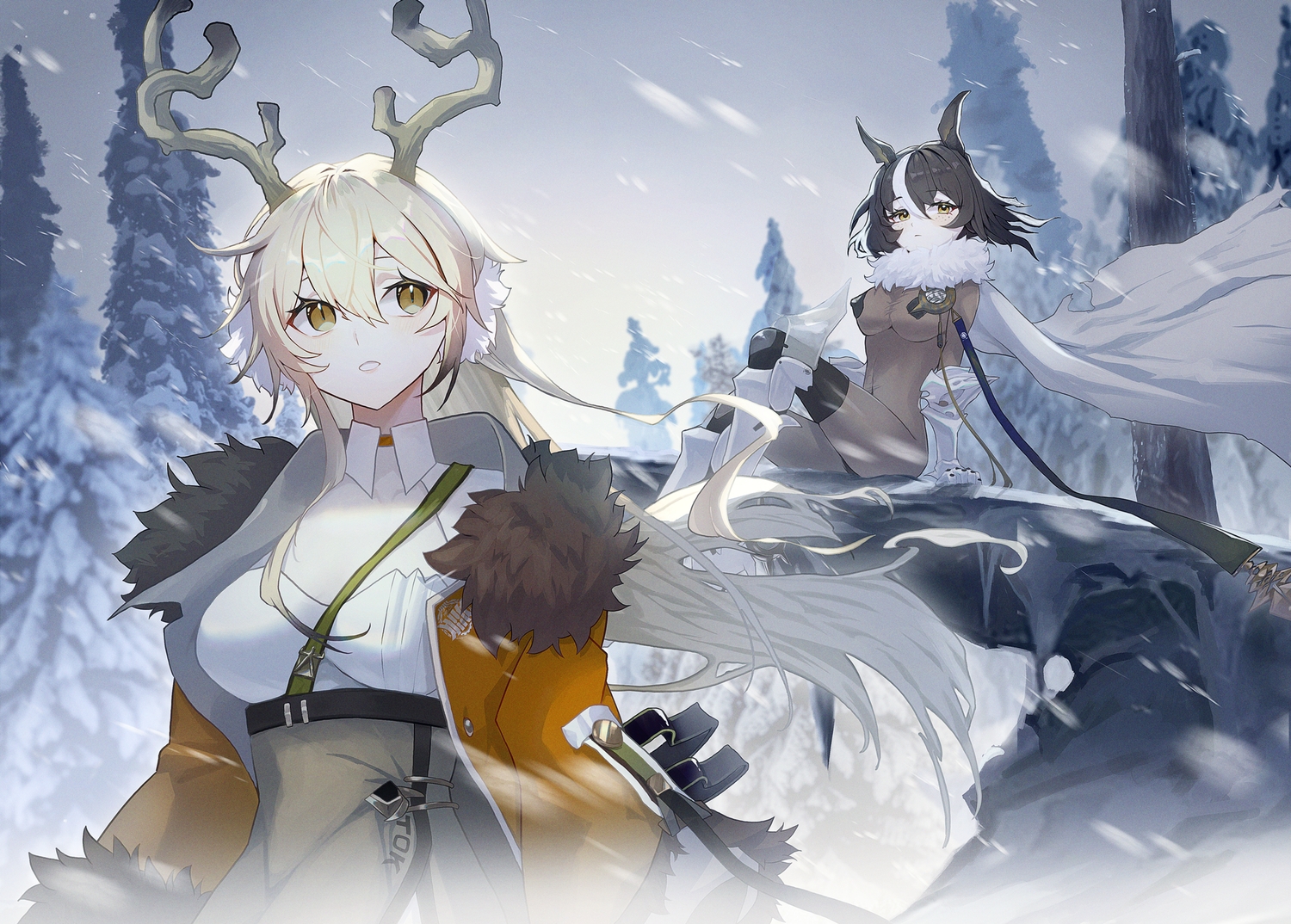 2girls, animal_ears, armor, black_hair, blonde_hair, bodysuit, breasts, brown_eyes, cape, echocalypse, erect_nipples, horns, long_hair, mori_(echocalypse), short_hair, skintight, skirt, sky, snow, sui_(echocalypse), thighhighs, tree, winter, yellow_eyes, zakkuri