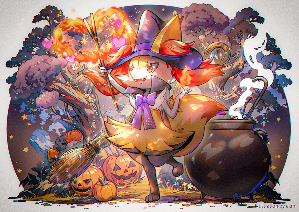 animal, bow, braixen, ekm, fire, fox, grass, halloween, hat, heart, magic, no_humans, pokemon, pumpkin, tree, wand, watermark, witch_hat