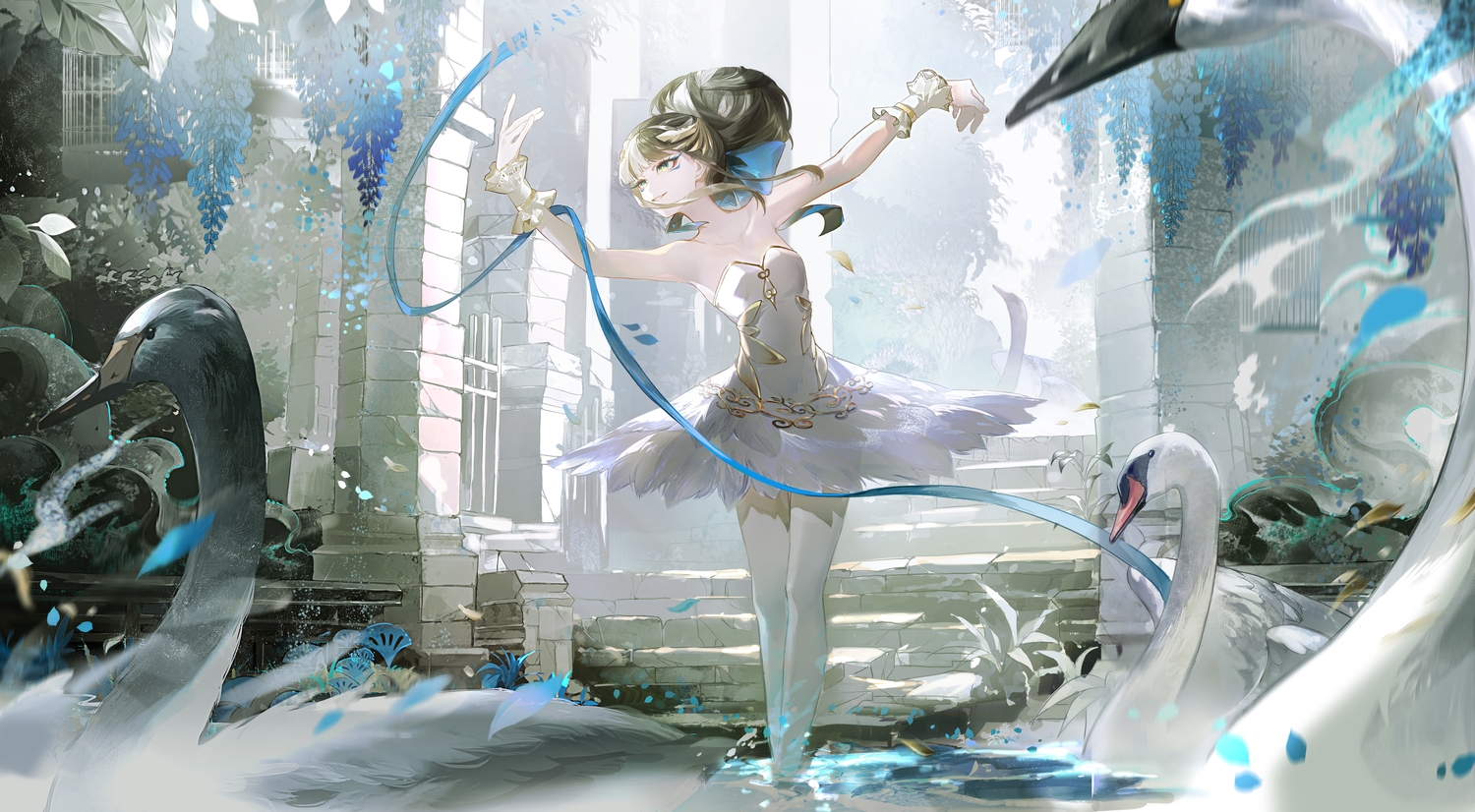 animal, anthropomorphism, aqua_eyes, bird, black_hair, cage, dress, flowers, pantyhose, petals, ribbons, stairs, ste7619, swan_lake_(takt_op.), takt_op., water, wristwear