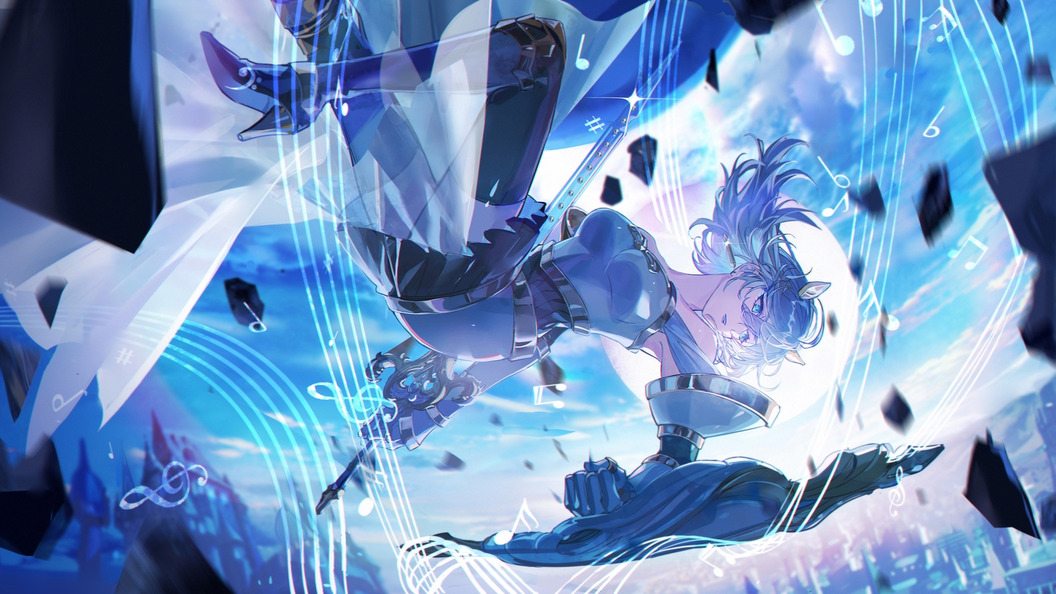 anthropomorphism, aqua_eyes, armor, blue_hair, boots, building, city, clouds