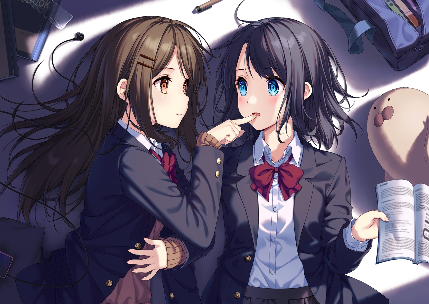 2girls, adachi_sakura, adachi_to_shimamura, aqua_eyes, aya223, black_hair, blush, book, bow, brown_eyes, brown_hair, headphones, long_hair, phone, school_uniform, shimamura_hougetsu, shirt, short_hair, shoujo_ai