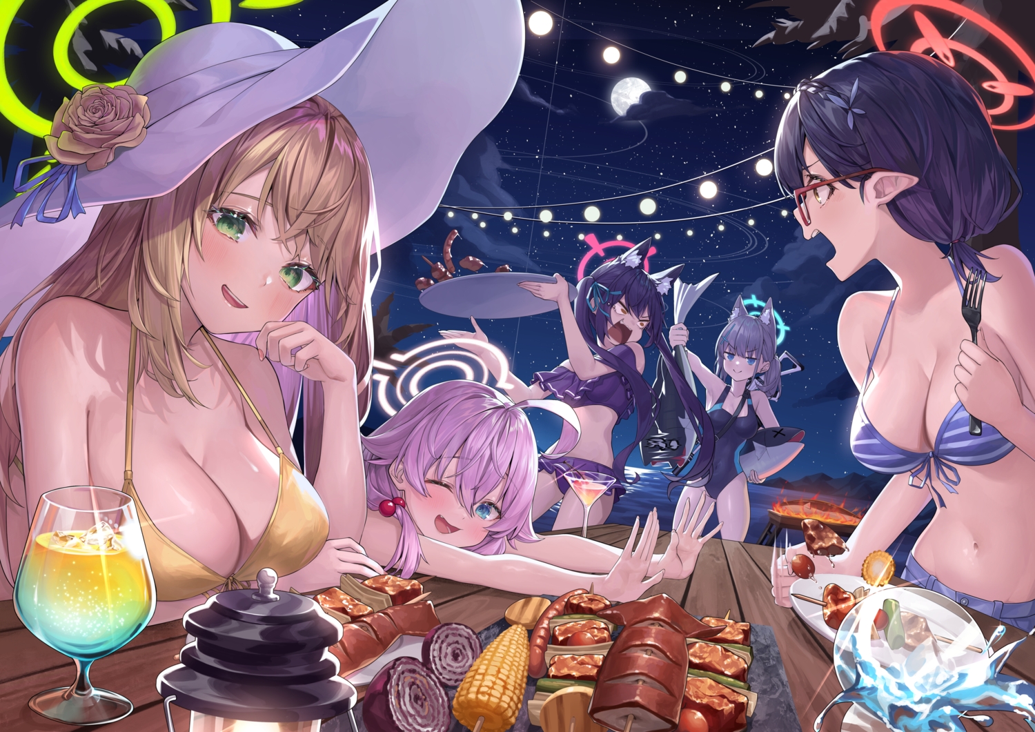 animal, aqua_eyes, bikini, black_hair, blue_archive, blue_eyes, blush, bow, braids, breast_hold, breasts, brown_eyes, brown_hair, catgirl, cleavage, clouds, drink, fang, fire, fish, food, glasses, gray_hair, green_eyes, group, halo, hat, izayoi_nonomi, kuromi_serika, long_hair, moon, nanaomi_(ryniix), navel, night, okusora_ayane, pink_hair, pointed_ears, ponytail, ribbons, short_hair, skirt, sky, stars, sunaookami_shiroko, swimsuit, takanashi_hoshino, tree, twintails, water, wink, wolfgirl, yellow_eyes