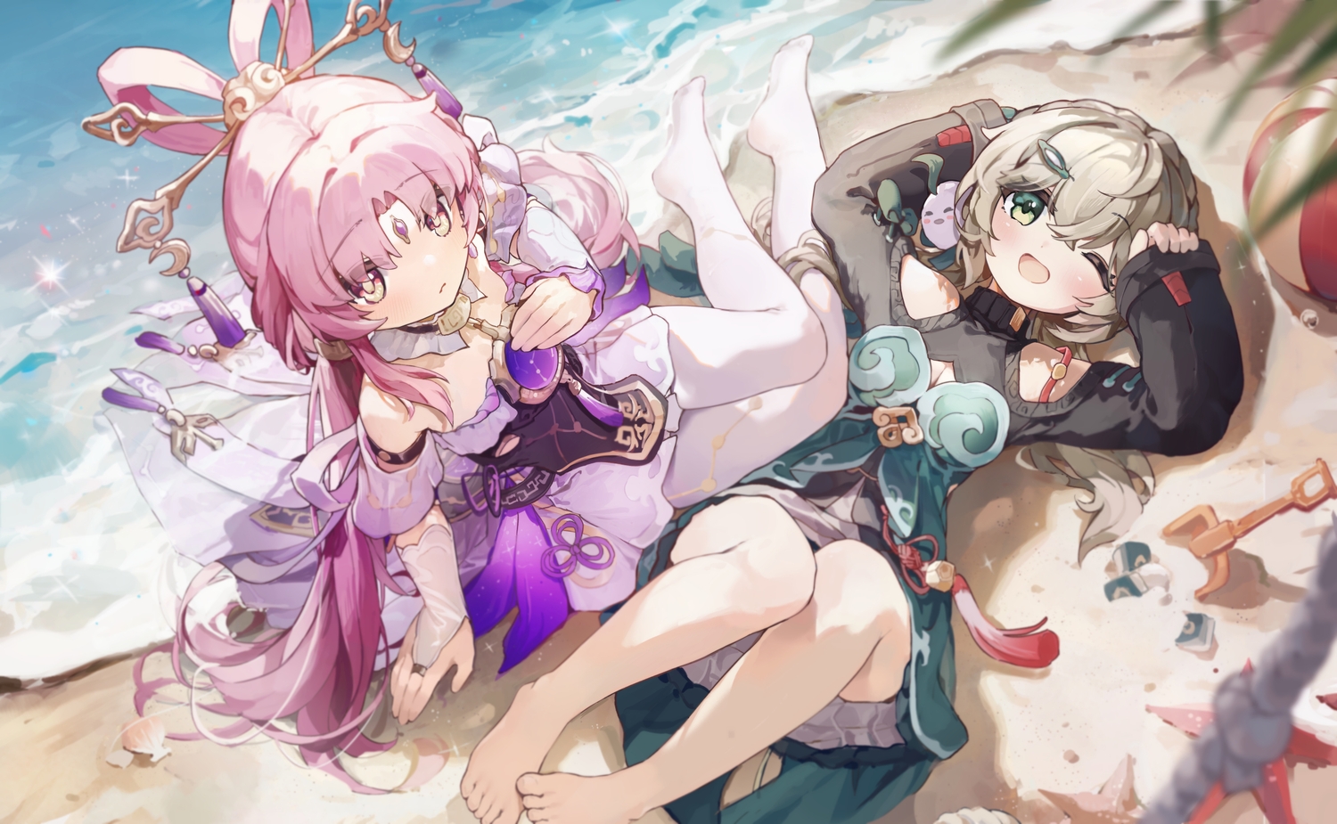 2girls, animal, ball, barefoot, beach, bird, blush, braids
