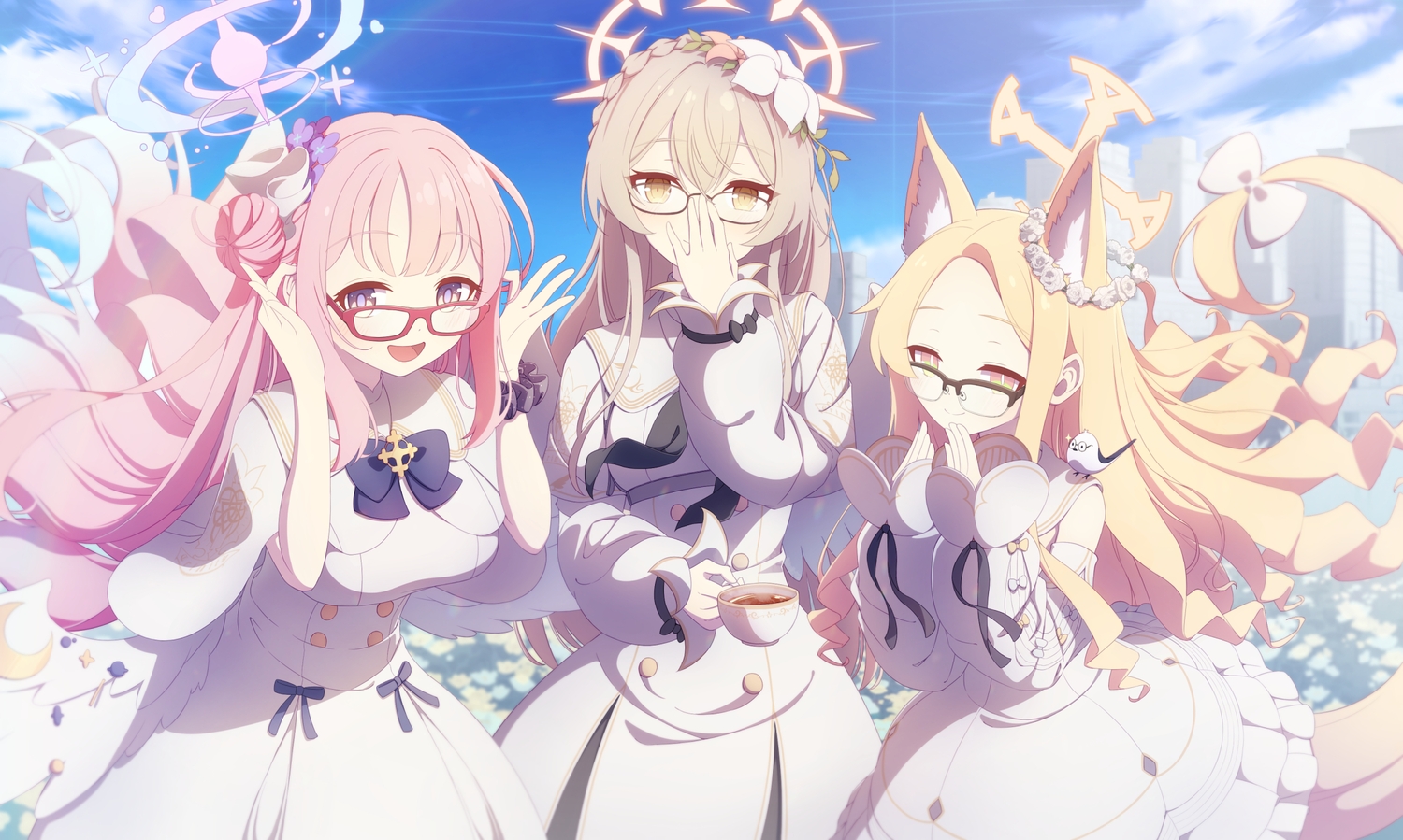animal, animal_ears, bird, blonde_hair, blue_archive, blush, bow, braids