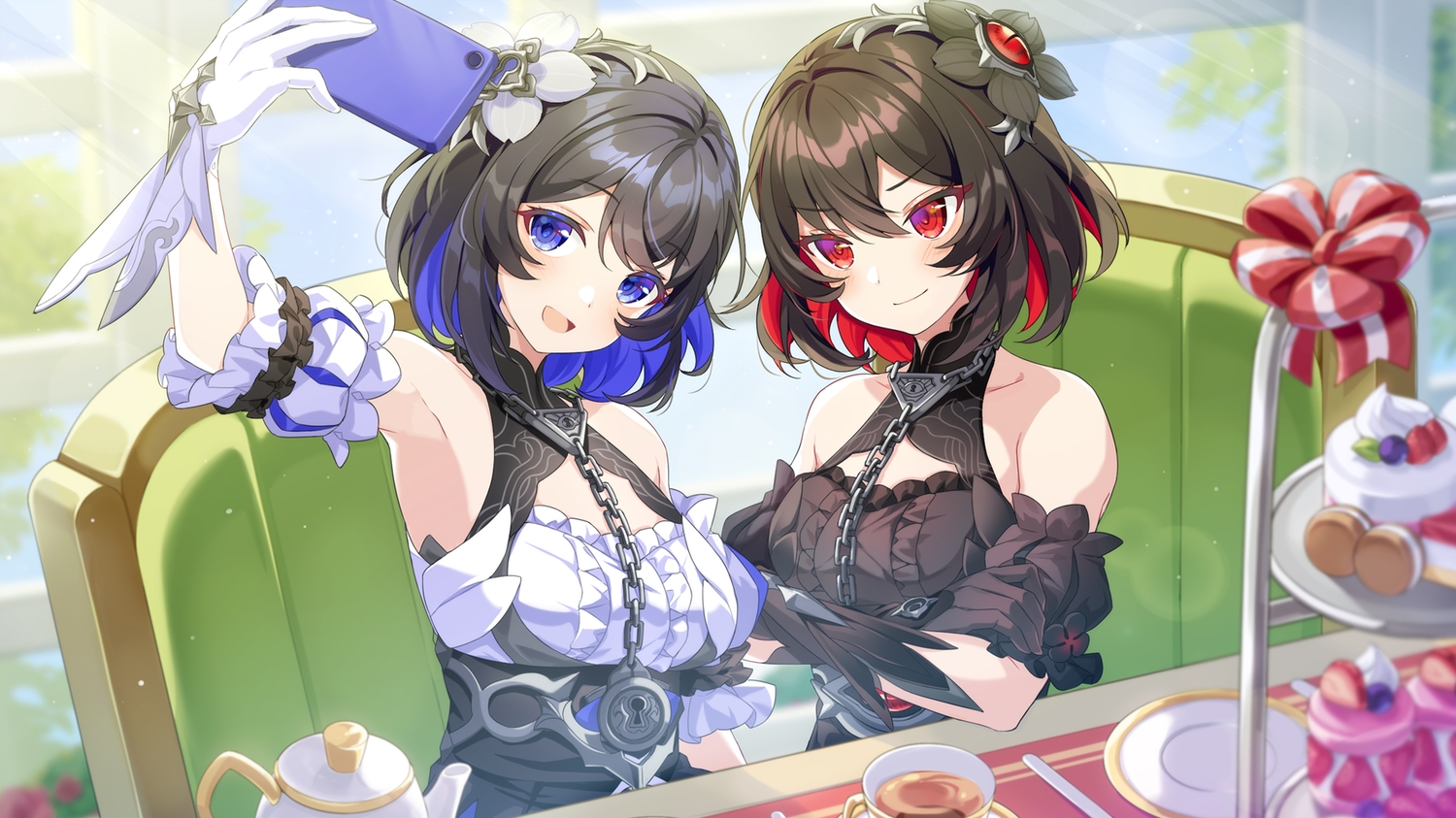 2girls, black_hair, blue_eyes, blush, bow, cake, camera, chain