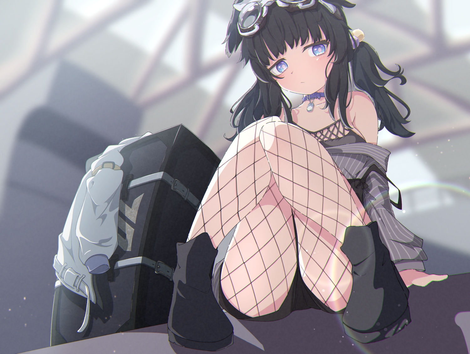 animal_ears, black_hair, blue_archive, blush, boots, collar, doggirl, goggles