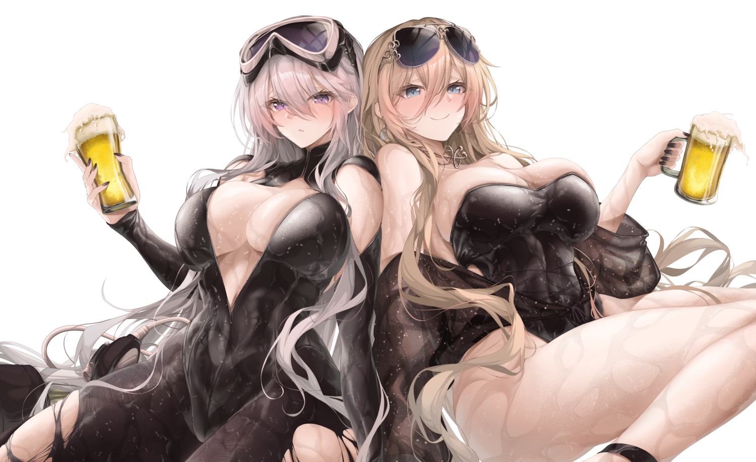 2girls, anthropomorphism, azur_lane, bismarck_(azur_lane), blonde_hair, blue_eyes, blush, bodysuit, breasts, choker, cleavage, drink, enterprise_(azur_lane), goggles, gray_hair, long_hair, open_shirt, purple_eyes, ru_251, sunglasses, swimsuit, torn_clothes, white