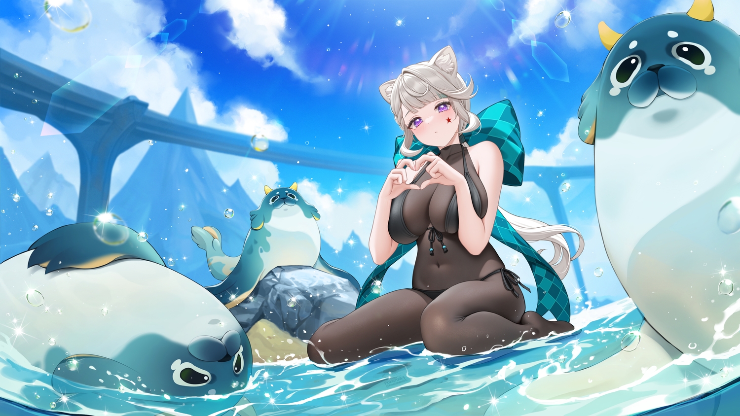 animal, animal_ears, bikini, blush, bodysuit, bow, breasts, catgirl