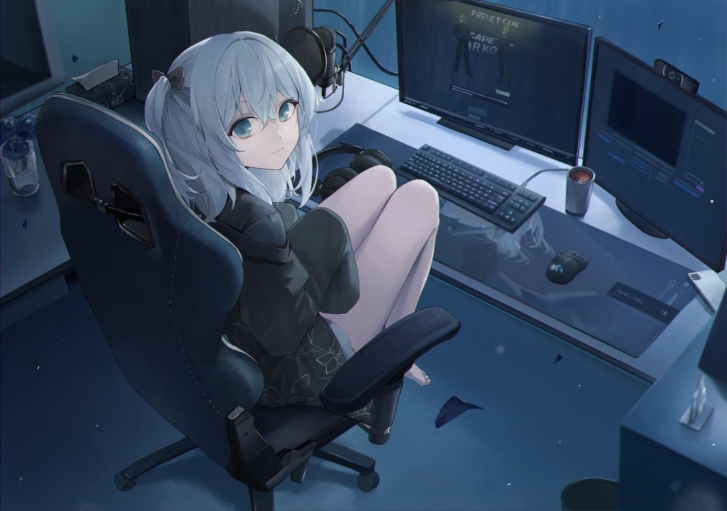 3d, barefoot, camera, computer, dark, drink, enokinoko1010, gray_hair