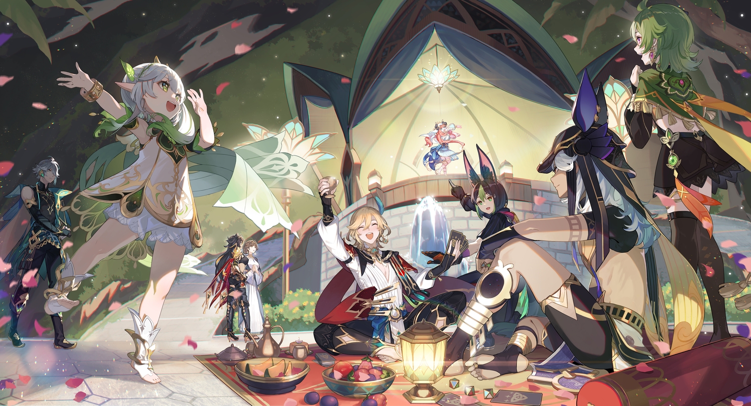 alhaitham_(genshin_impact), animal_ears, aqua_eyes, armor, barefoot, bikini_top, black_hair, blonde_hair