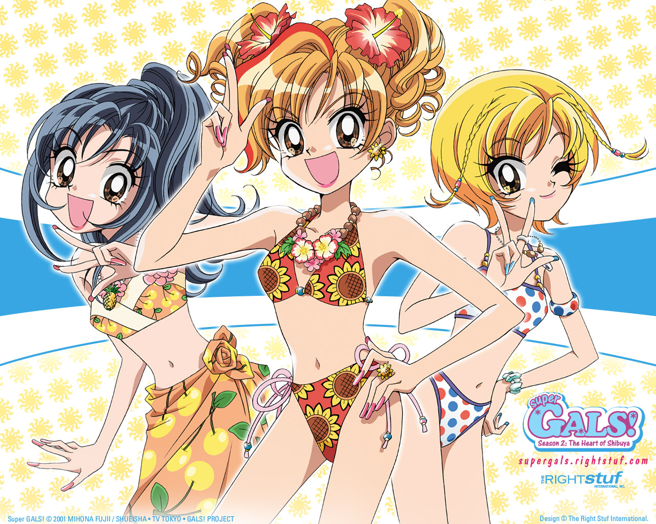 black_hair, blonde_hair, brown_eyes, elf_all_stars, hoshino_aya, kotobuki_ran, swimsuit, wink, yamazaki_miyu