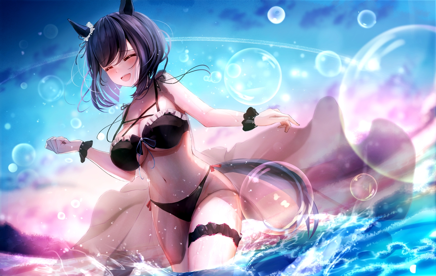 animal_ears, anthropomorphism, bikini, black_hair, blush, breasts, bubbles, cleavage, eishin_flash_(umamusume), fujimoto_setsuna, garter, short_hair, sky, sunset, swimsuit, tail, uma_musume:_pretty_derby, water, wristwear