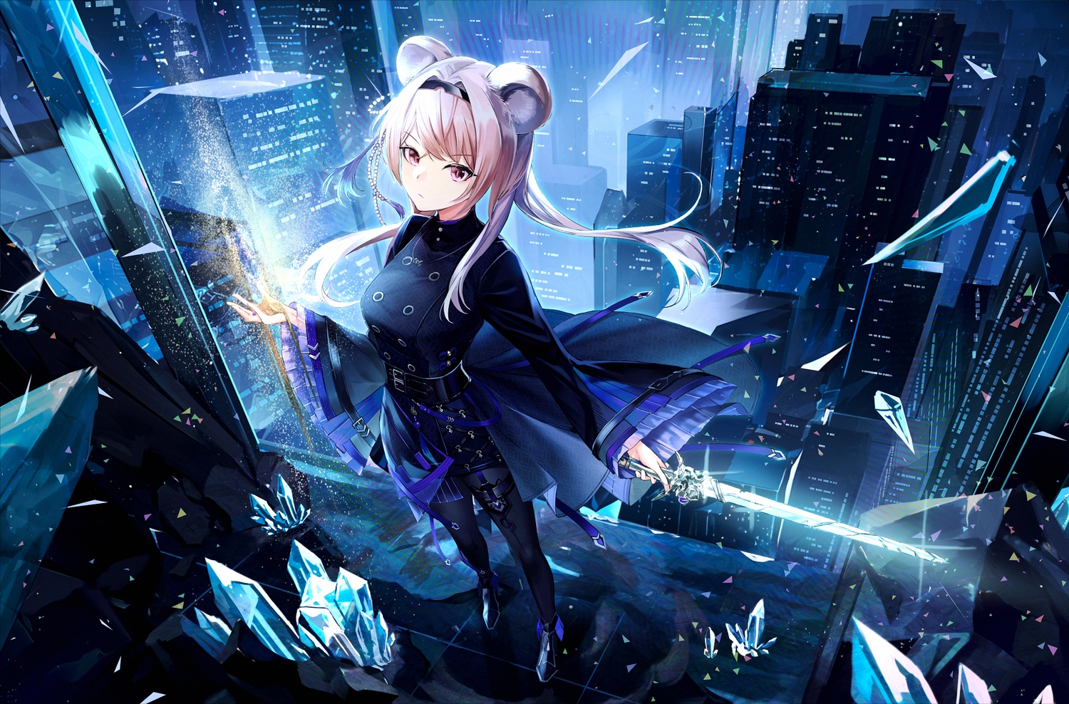 animal_ears, arknights, boots, building, city, dress, garter, gefujin