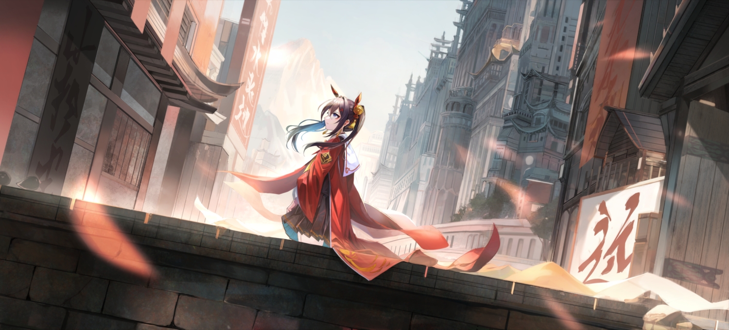 animal_ears, bell, blue_eyes, brown_hair, building, city, gefujin, long_hair